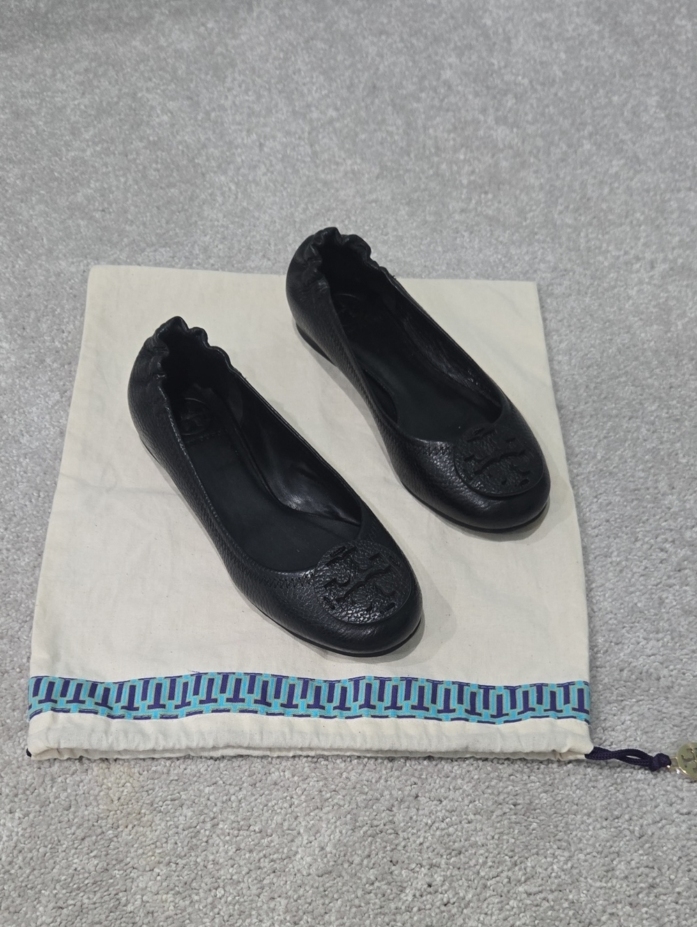 Tory Burch Black Leather Logo Ballet Flats